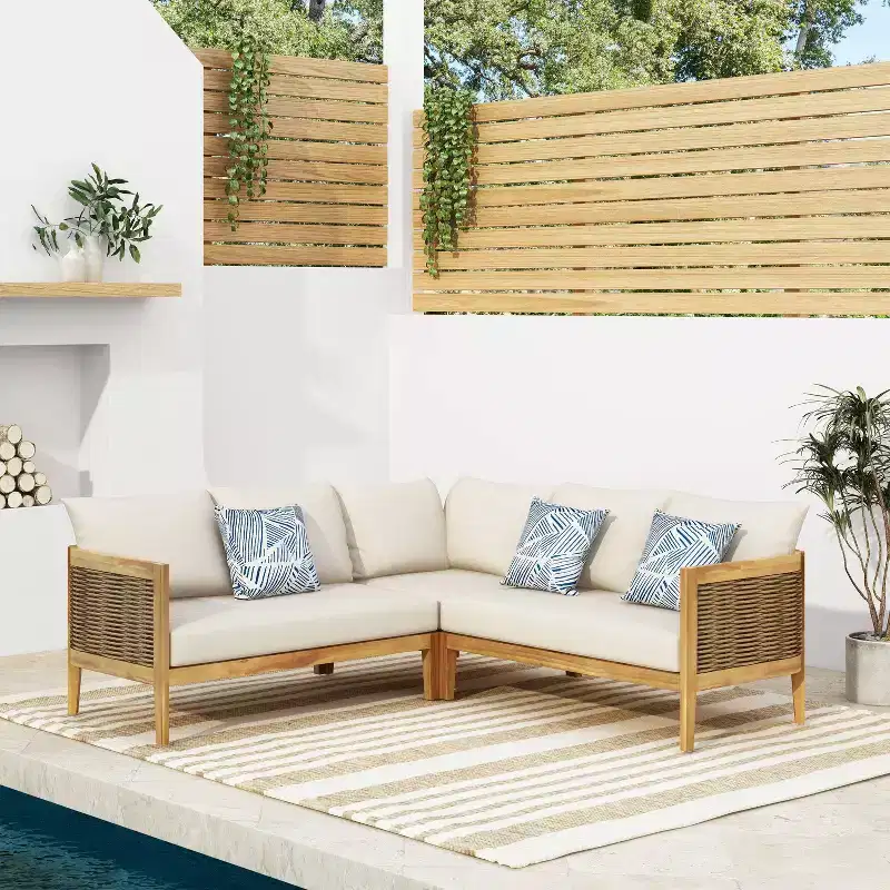 Christopher Knight 3pc Home Bruce Outdoor 5 Seater Acacia and Wicker Sectional Sofa Set with Cushions