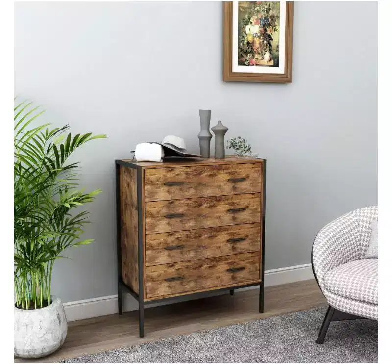 MDF Industrial Style 4-Drawer Dresser, Rustic Brown Wood Storage Organizer with Sturdy Steel Frame
