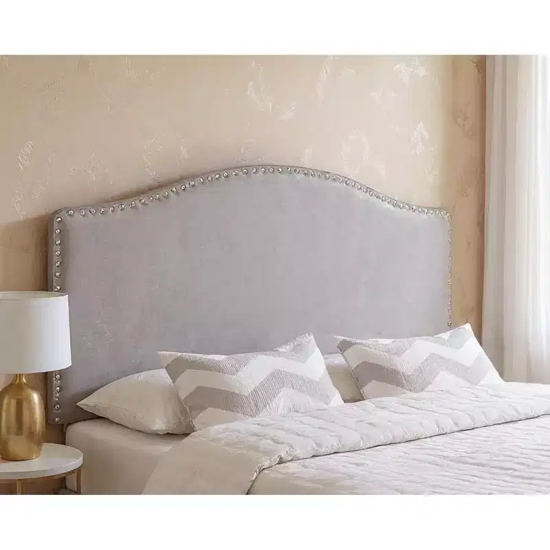 Gray Faux Leather Upholstered Arched Queen Headboard With Nail Head Trim