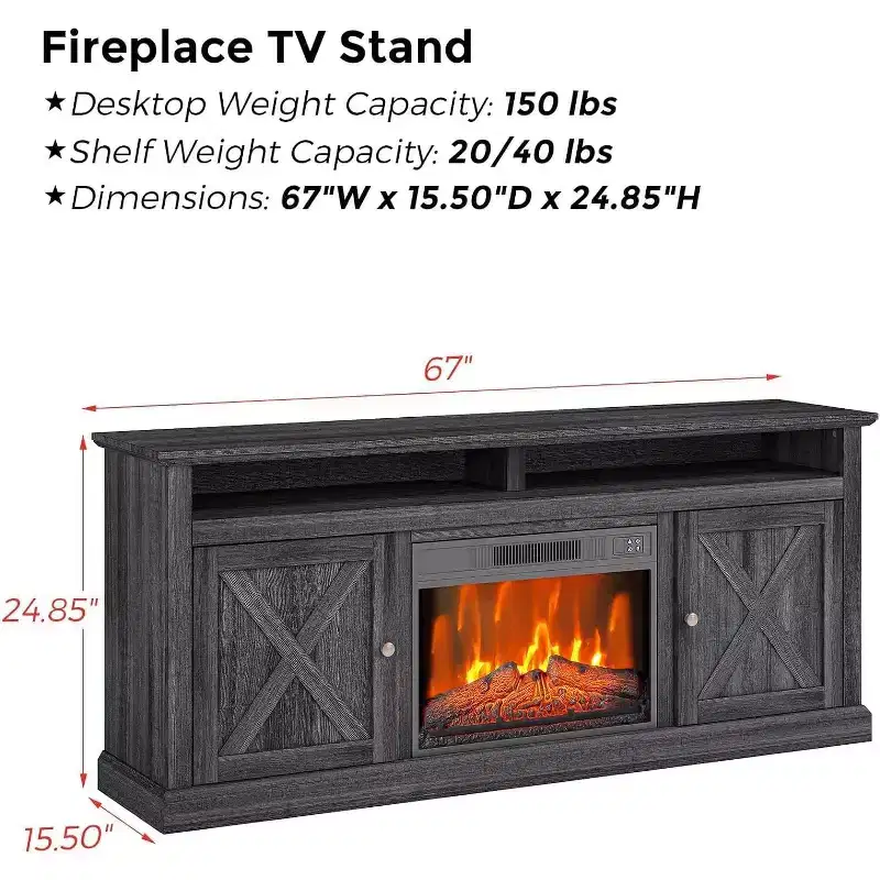 65 Inch Farmhouse TV Stand with View Window, Gray Finish Entertainment Center with Open Storage Shelves, Multi Functional Media Console