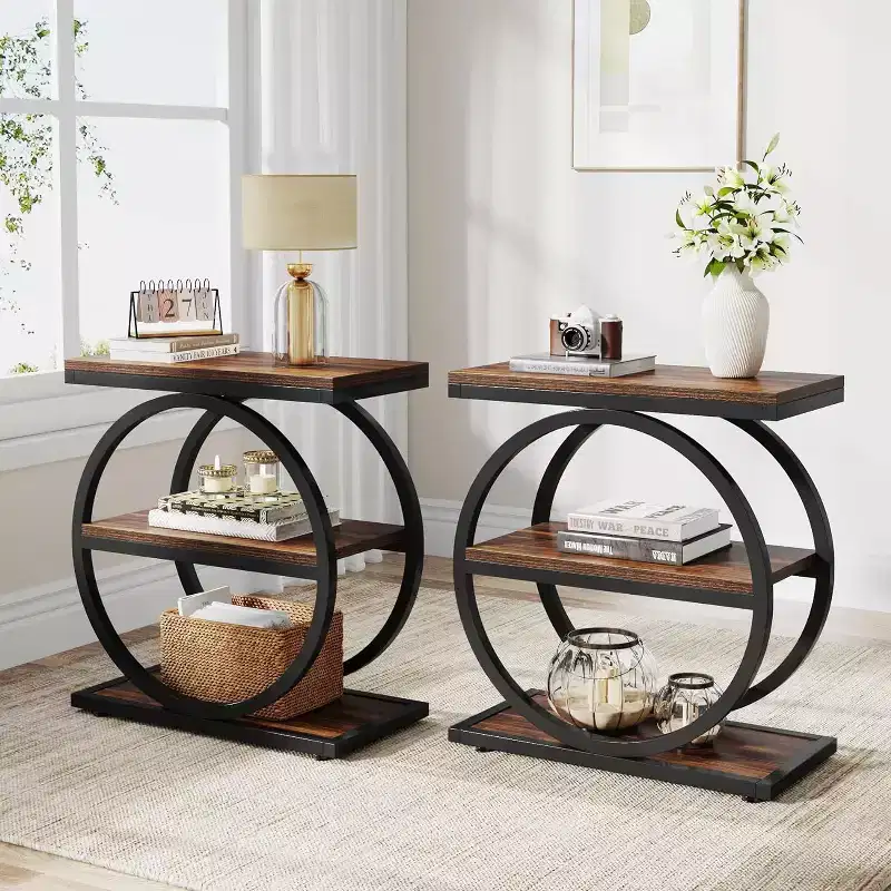 Lantine End Table Set, Bedside Table with 3 Tiers Shelves, 2PCS