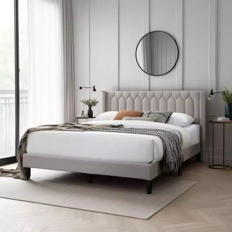 Royal Hampton Queen Size Bed, Geometric Stitched Light Brown Burlap Upholstery