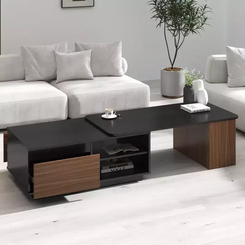 Modern Extendable Coffee Table with 2 Drawers & 2-Tier Shelves