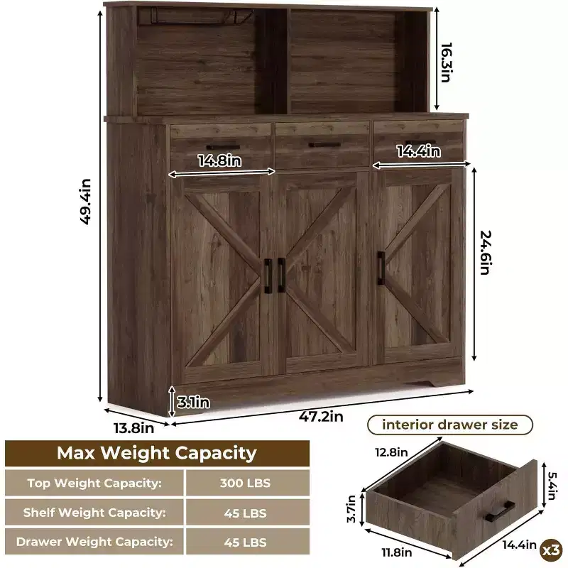 Farmhouse Entryway Storage Cabinet, Adjustable Shelves, 3 Drawers, Sturdy Wood Construction for Kitchen, Dining Room