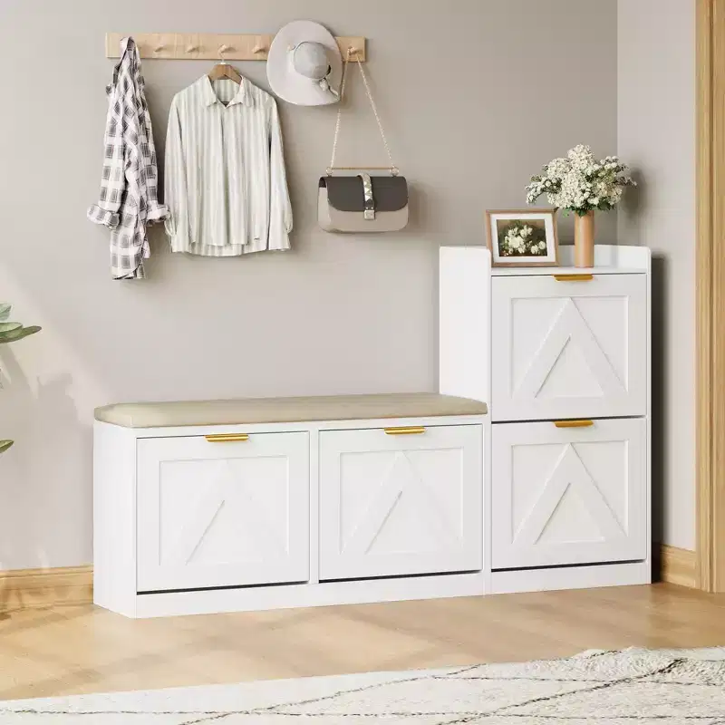 Farmhouse Shoe Organizer Cabinet, Shoe Cabinet with Bench, 4 Flip Drawers, Wooden Storage Bench, for Entryway, Living Room, Hallway