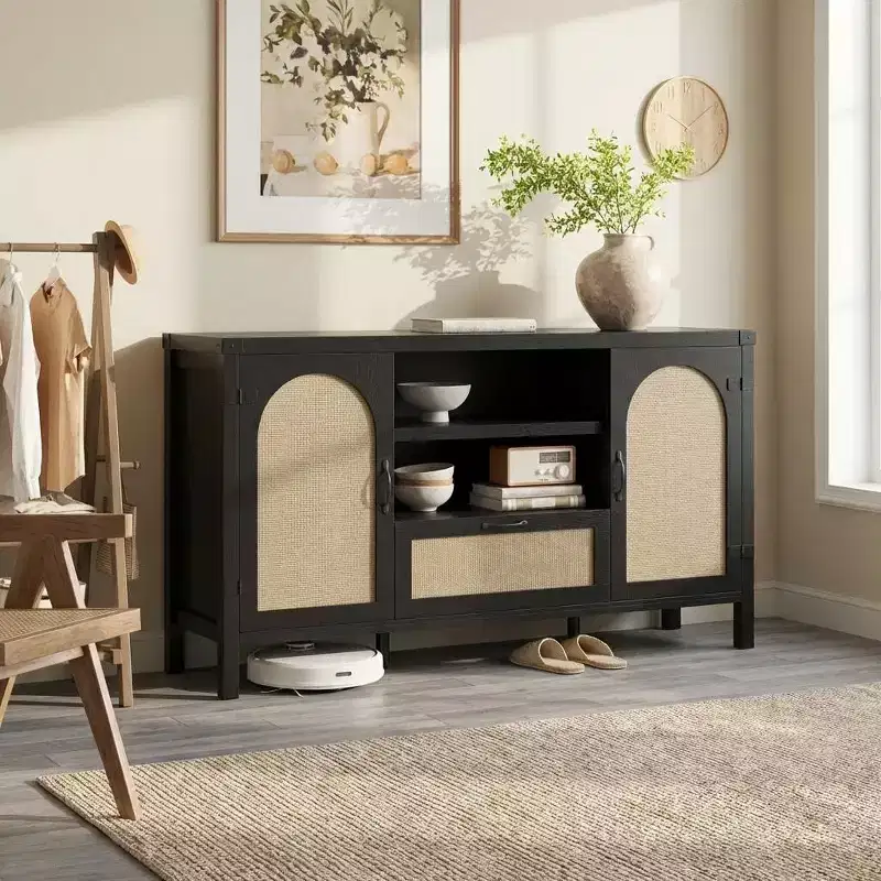 Wood & Rattan Sideboard Cabinet 59.1''W x 18.43''D x 8.07''H