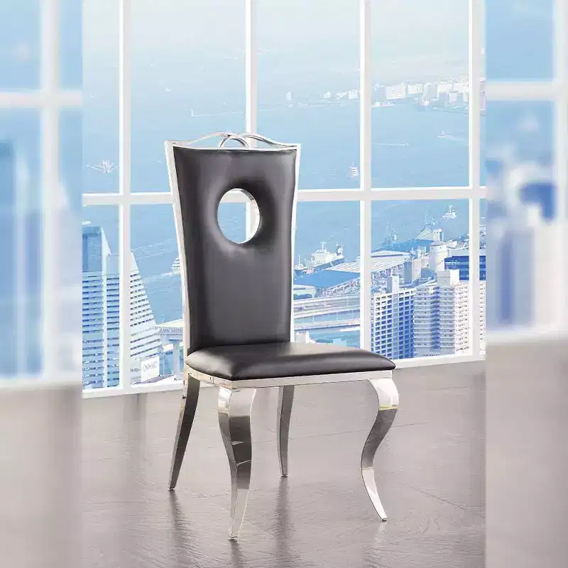 Modern Dining Chair, Black Synthetic Leather with Stainless Steel Frame
