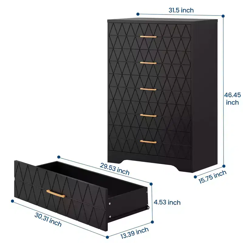 5 Drawer Wooden Dressers for Bedroom, Wood Chest of Drawers with Gold Handles for Closet, Modern Nightstand for Bedside, Storage Organizer Cabinet