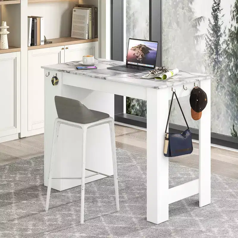 Costway 47 Long Counter Height Table Bar Table Faux Marble Pub Table w/ Cabinet