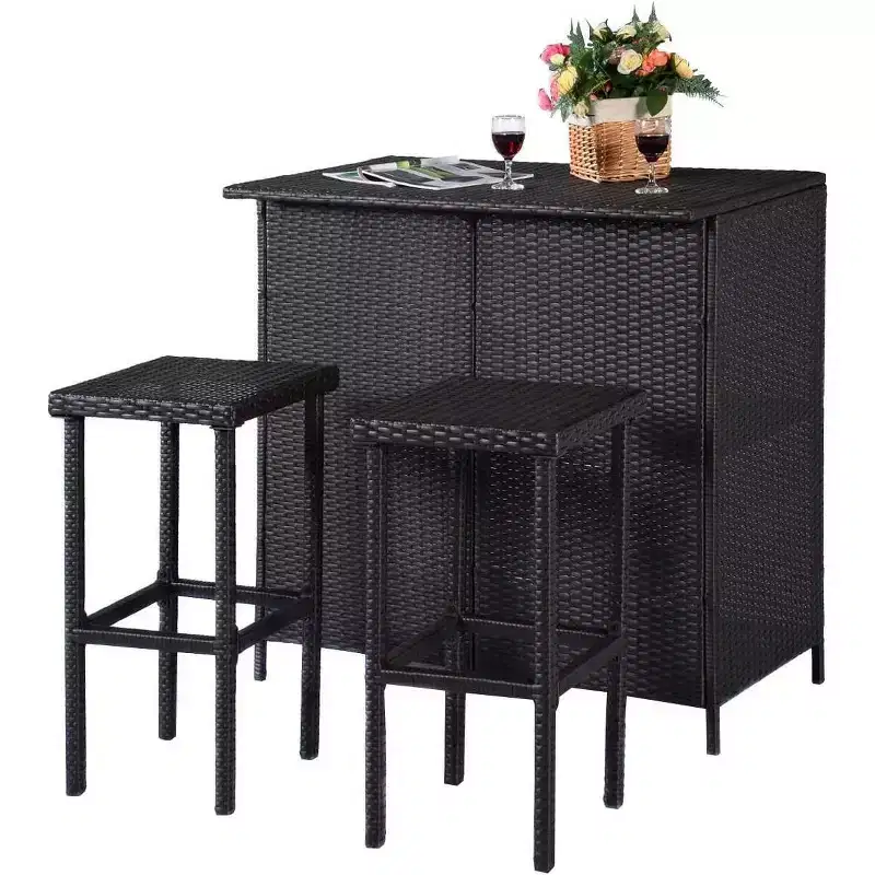 Gymax Set of 3 Patio Bar Set w/ Tempered Glass Tabletop 2-Tier Storage Removable Cushions