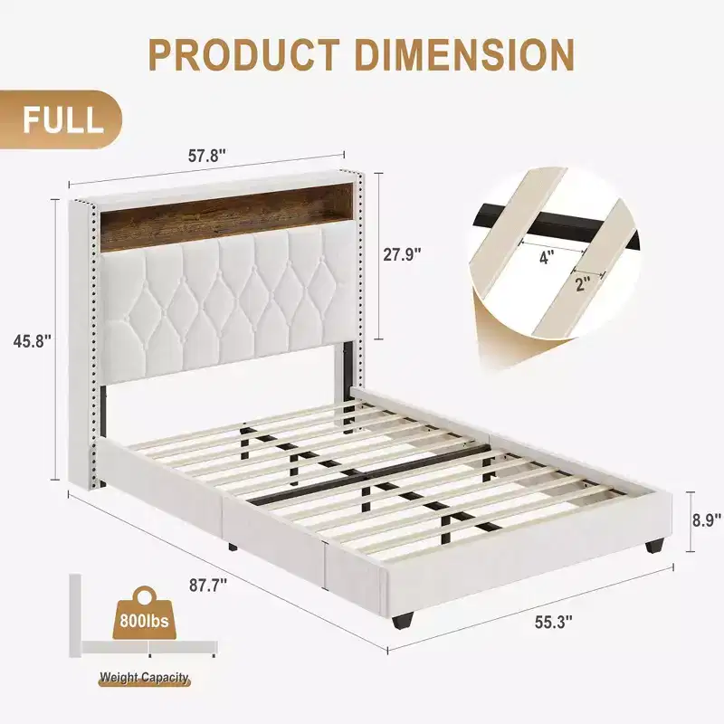 Velvet Platform Bed Frame with LED Storage Headboard, USB Charging, Nailhead Trim, Off White