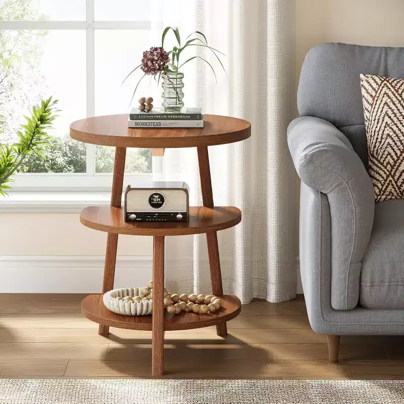 3-Tier Round End Table, 19.69 W Side Table, Small Round Nightstand for Living Room, Bedroom and Couch Side, Brown