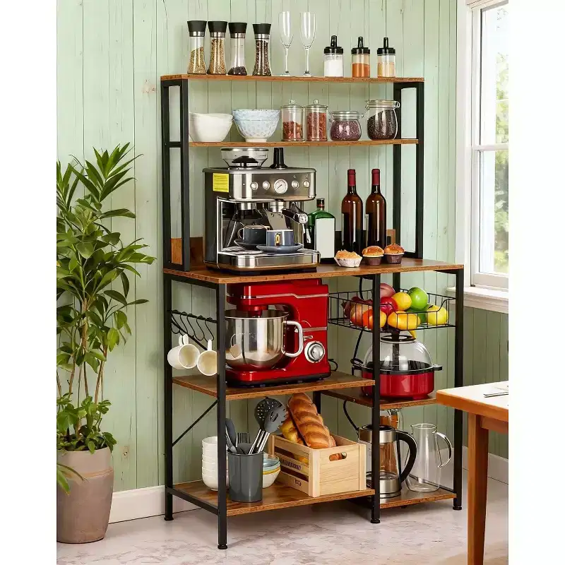 Kitchen Bakers Rack 55 * 66inch, Microwave Oven Stand with Storage 4 Tiers, Coffee Bar Table with 6 S Hooks, Kitchen Storage Shelf Rack for Pots