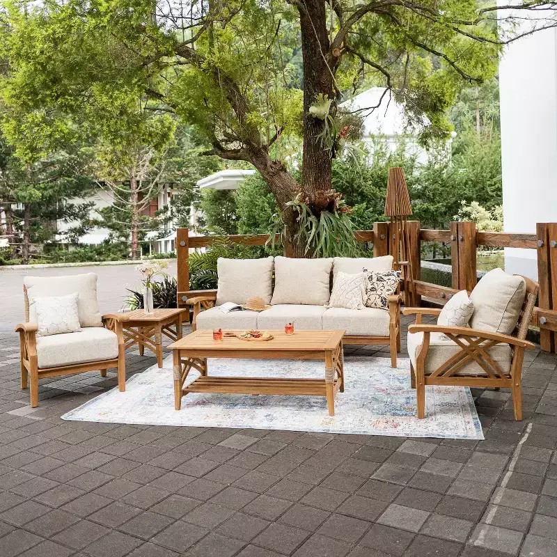 Sonoma Lane Eola 5pc Teak Outdoor Patio Conversation Set with Tan Zippered Cushions – Weather-Resistant