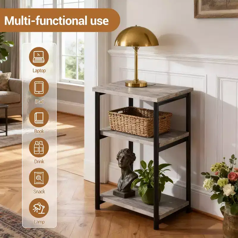 Rustic 3-Tier Side Table C Space-Saving Narrow End Table with Storage Shelves C Slim Bedside Bedside Table for Living Room, Bedroom,GRAY