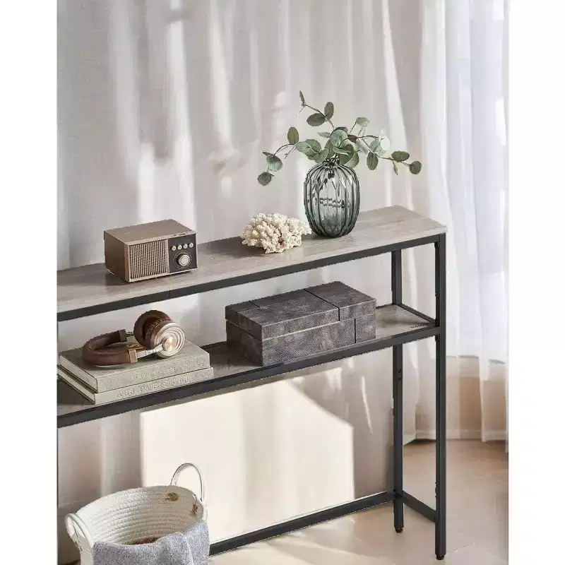 LEDREM Heather Greige and Ink Black Console Table. A 2 - Tier, 7.9 x 39.4 x 31.5 - Inch Narrow Entryway Table with 2 Shelves. Sofa Table