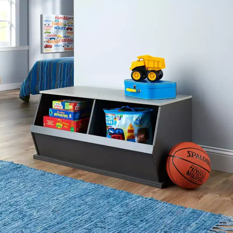 Badger Basket 2 Bin Stackable Storage Cubby Charcoal/Gray Woodgrain: Toy Storage, MDF Laminate, Enclosed Back, 3+ Years