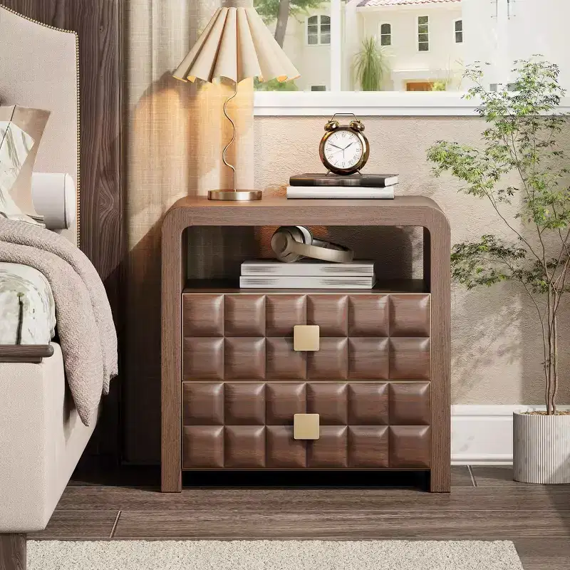 Modern Curved Nightstand with Geometric Relief Panel, Fully Assembled 2-Drawer Bedside Table with Open Shelf, Walnut