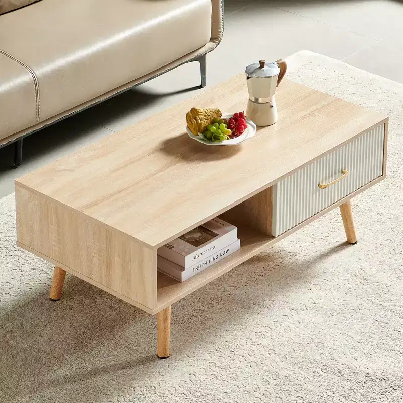 Rectangle Coffee Table with Solid Wood Legs Sliding Drawer for Storage Natural Wood Color