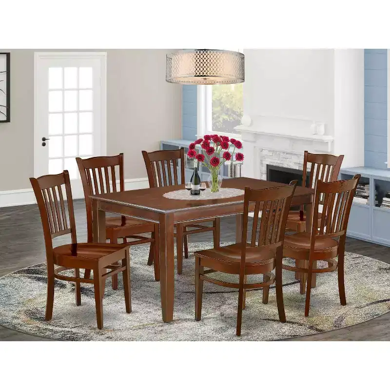 HomeStock 7-Piece Rectangle Mahogany Finish Solid Wood Top Dining Table with 6-Chairs