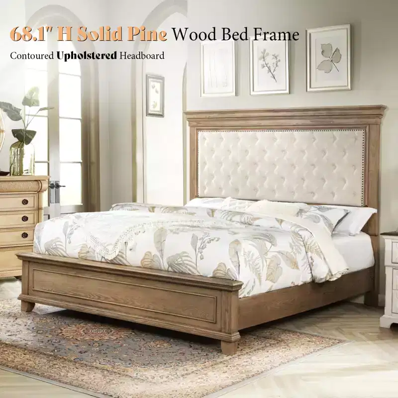 AMERLIFE 68.1 H Bed Frame with Upholstered Headboard, Farmhouse Platform Bed, Light Oak