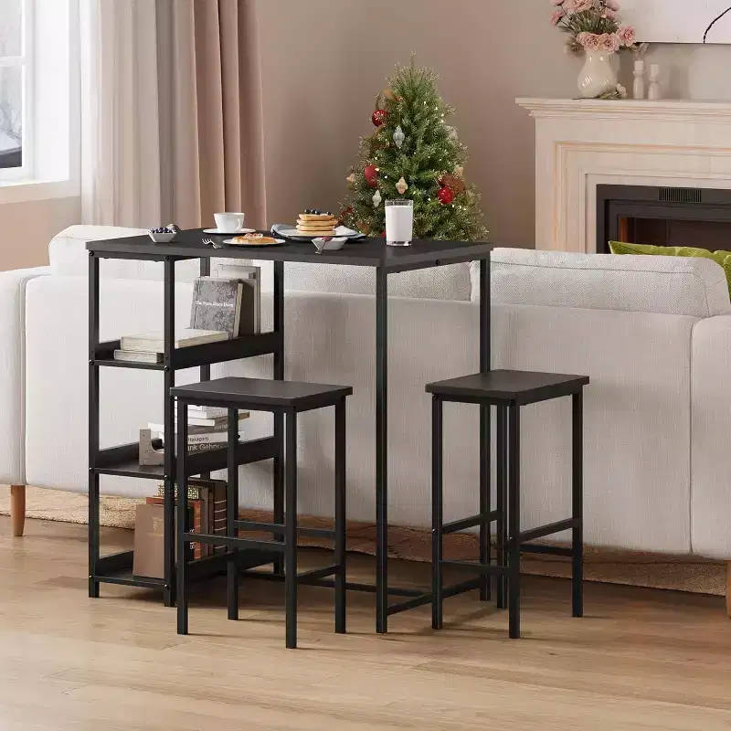3Pcs Kitchen Table Set With Storage Shelves, Space Saving Dining Table And 2 Stools For Small Spaces Kitchen Dining Room Restaurant