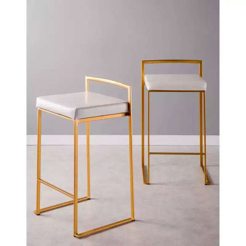 LumiSource Set of 3 Fuji Stacker Counter Height Barstools Gold/White PU