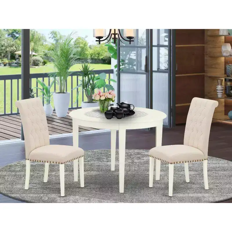 3-Piece White Finish Round Solid Wood Top Dining Table