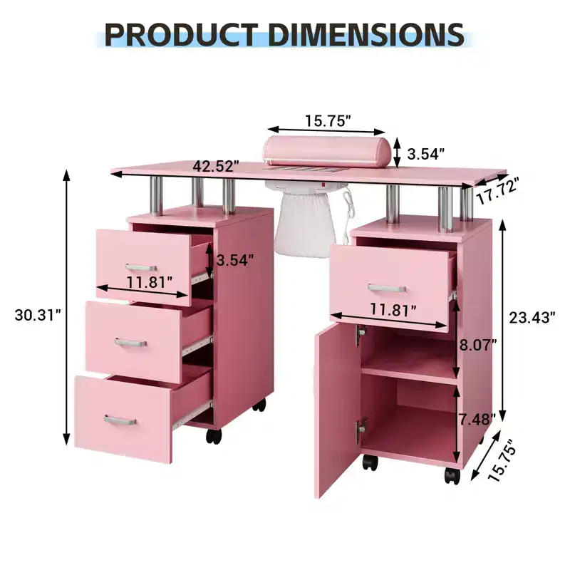 Nail Table Manicure Desk - Tech Station with Electric Dust Collector, Lockable Wheels, 4 Drawers & Cabinet for Beauty Salon
