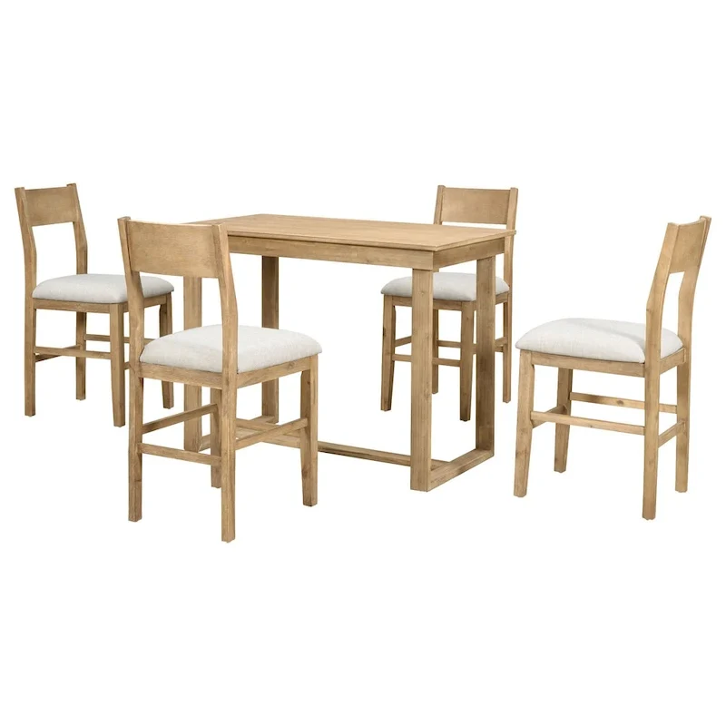 5 Pcs Counter Height Dining Table Set, Solid Wood Kitchen Dining Table Set with Rectangular Dining Table and 4 Dining Chairs