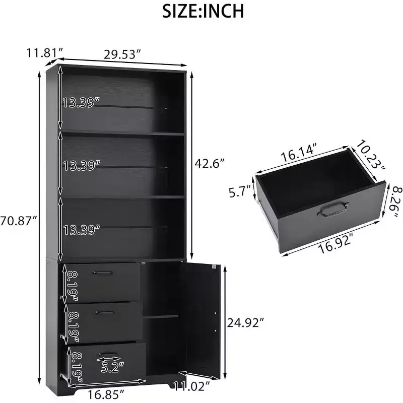 6-Tier Bookshelf with Door and 3 Drawers, 71