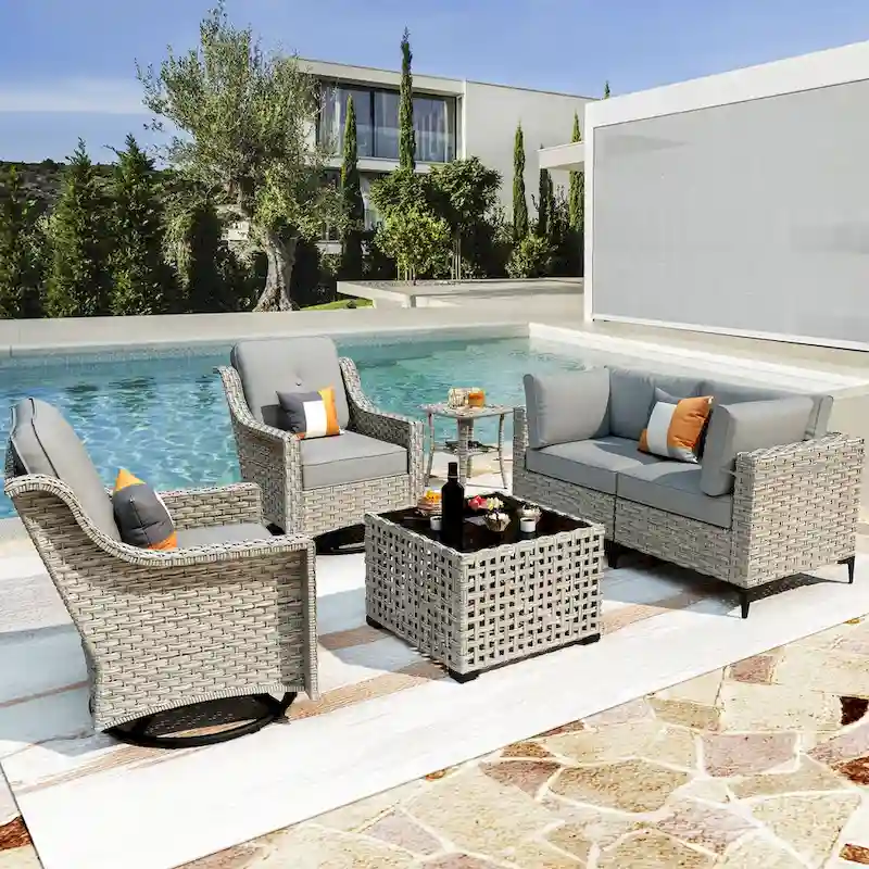XIZZI 6-piece Patio Furniture Wicker Conversation Set with Swivel Chair