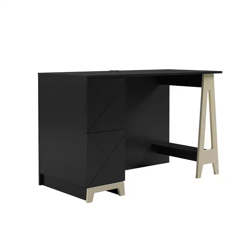 2-Drawer Desk, Black/Birch Plywood with Open Storage Shelf