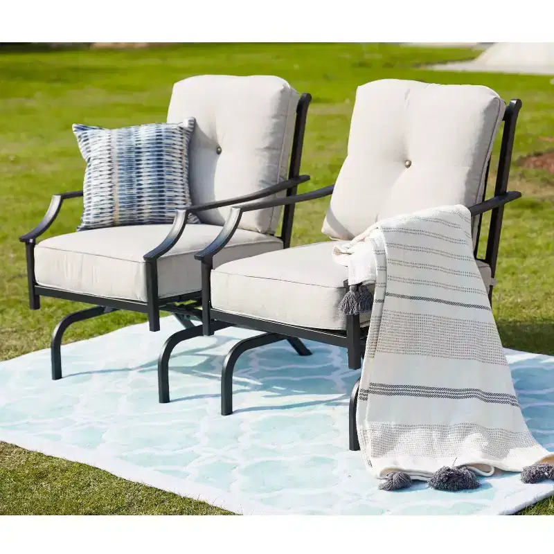 3pc Striped Steel Frame Patio Seating Sets Cream - Lokatse: Outdoor Conversation Set with Rocking Chairs & Accent Table