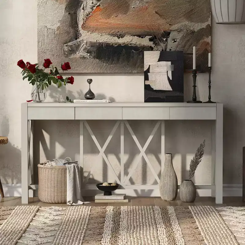 Modern Crisscross Console Table with 4 Spacious Drawers