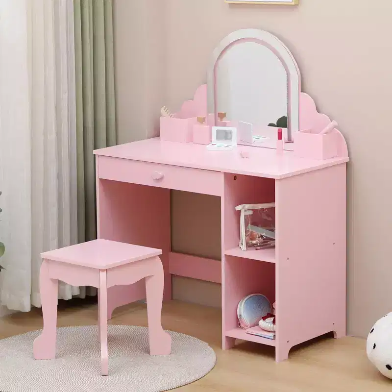 Kids Vanity with Lighted Mirror & Stool Little Girls Vanity Set with Adjustable, Storage Drawer & Shelves Wooden Makeup Playset for Ages 3-9
