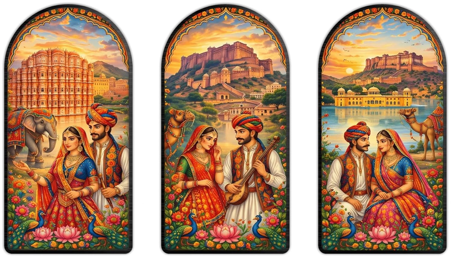 Premium Royal Rajasthani Couple Wall Art | Hawa Mahal, Amber Fort & Jal Mahal Background | Traditional Indian Heritage Wooden Wall D¨¦cor Panels for Living Room, Bedroom & Office (12 Inches )