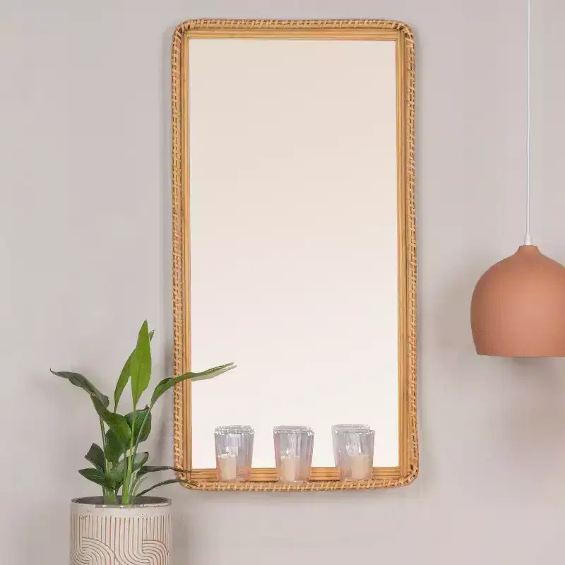 Storied Home Handwoven Rattan and Bamboo Rectangular Wall Mirror with Shelf, Natural