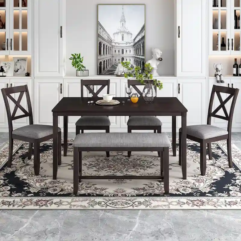 6-Piece Wooden Kitchen Dining Table Set with 4 Chairs and Bench