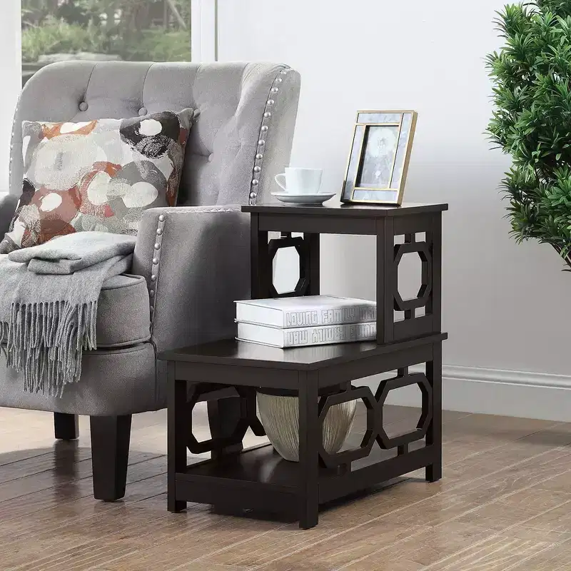HomeStock Belmont 2 Step Chairside End Table with L Shaped Frame and Octagon Side Panels, Three Tier Storage Accent Table for Living Room