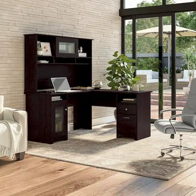 60W L-Shaped Desk with Hutch and Storage