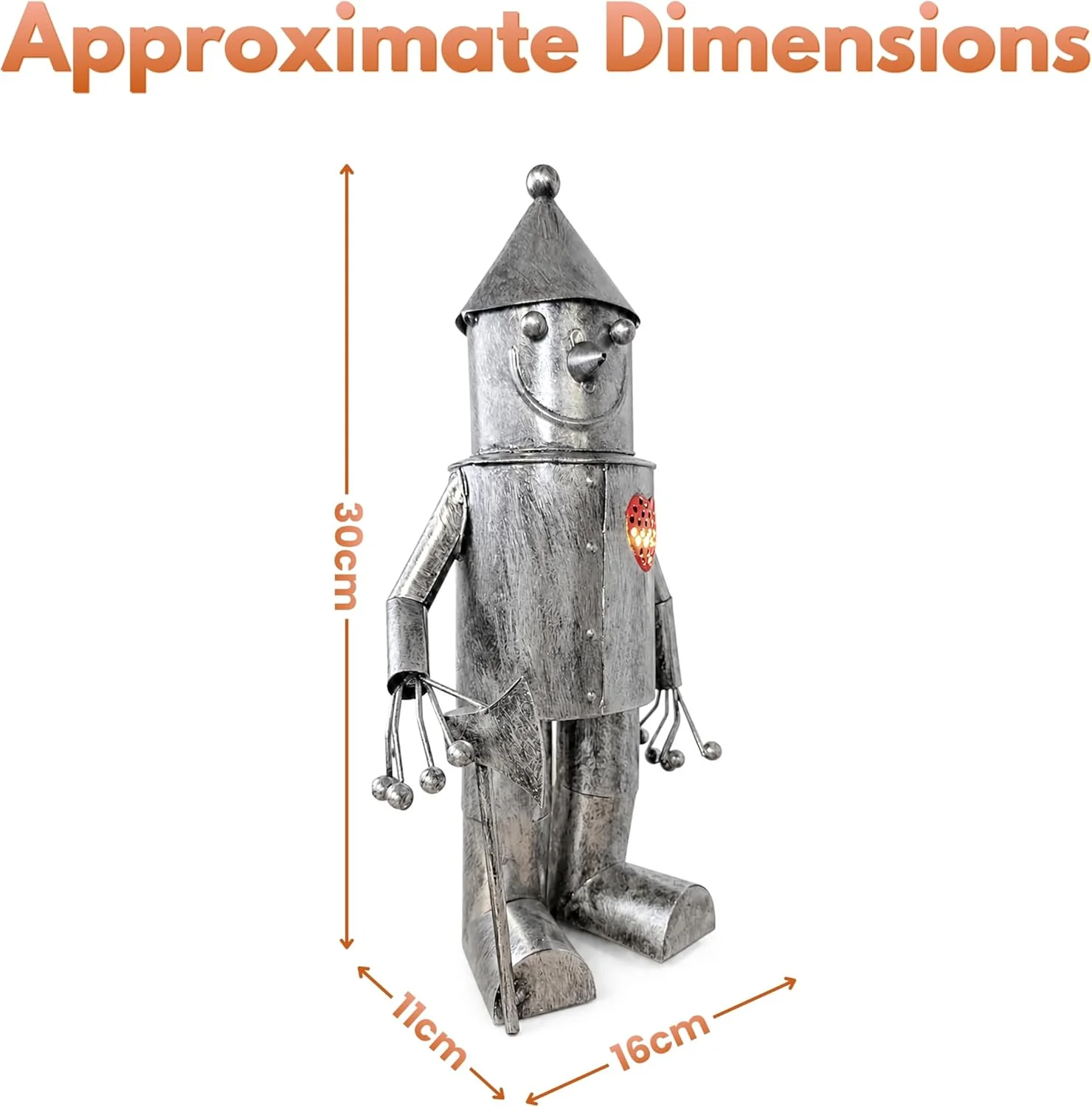 Solar Tin Man Garden Ornament with Light Up Heart Metal Statue 30cm
