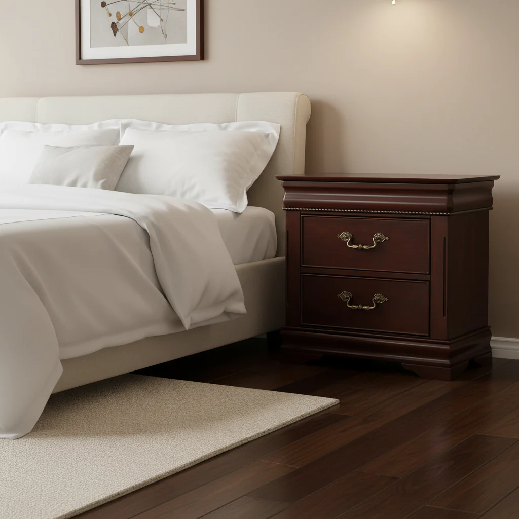 2 Drawer Wooden Nightstand with Hidden Top Drawer and Metal Handles, Brown