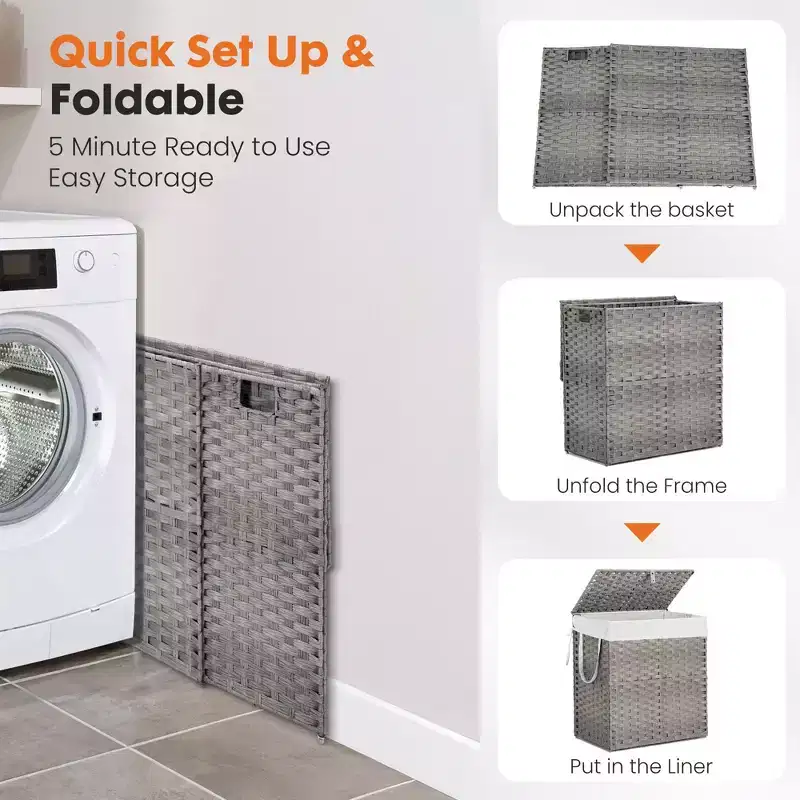 JIONJOY 29 gal. Wicker Hamper w/Lid, Foldable Design, Removable Compartment & Washable Liner