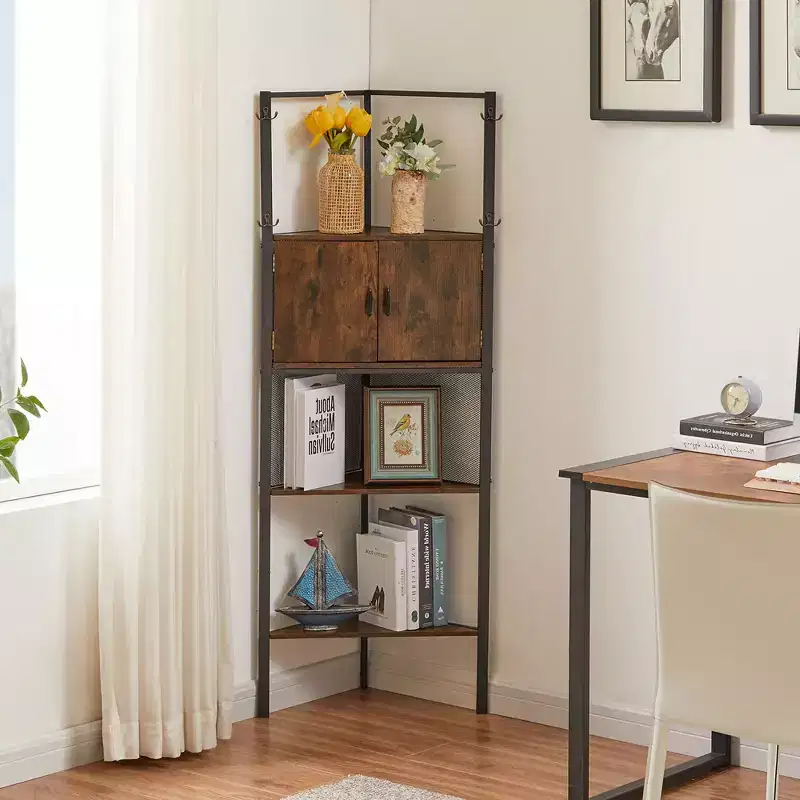Corner Cabinet Tall Storage Shelf with Triangle Wooden Shelves and Doors, Brown