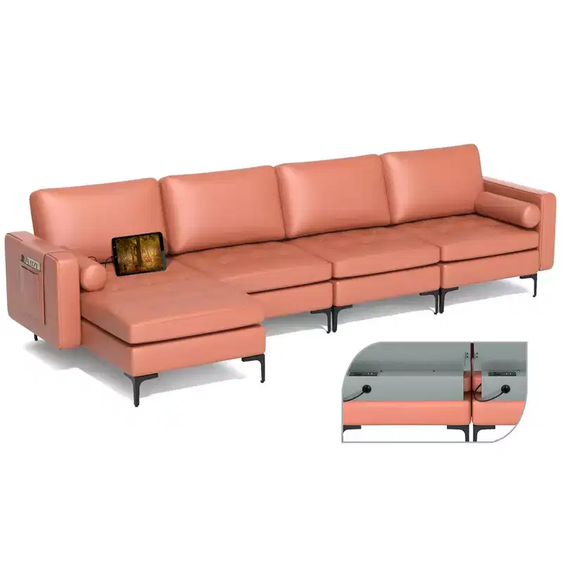Costway Modular L-shaped Sectional Sofa with Reversible Chaise & 4 USB Ports Coral Pink/Grey