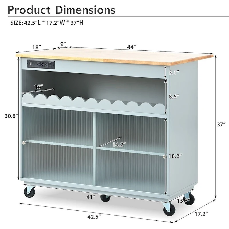 Multi-Functional Kitchen Island Cart with Drop Leaf, LED Light, and Power Outlets