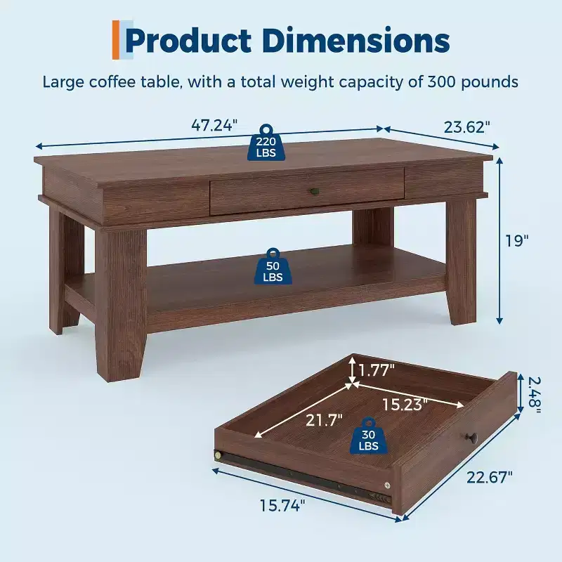 Rustic Rectangular Coffee Table with Sliding Drawer & Open Shelf, Farmhouse Style