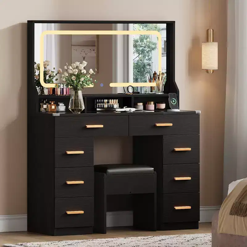 Vanity Desk with Large Mirror, White Makeup Table with Glass Top & 8 Drawers, Stool Included for Bedroom