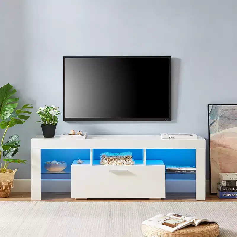 TV Stand with Remote Control LED Light Strip, Storage Cabinets & Open Shelves, Two-Drawer White Entertainment Center for Living Room Bedroom